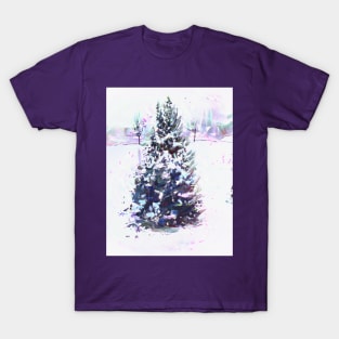 Pretty little pine tree in the snow in oil paint T-Shirt